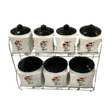 Set 7 Borcane Condimente Ceramica cu Capace Pe suport Metalic, Model Floral