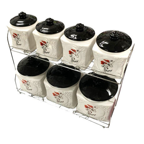 Set 7 Borcane Condimente Ceramica cu Capace Pe suport Metalic, Model Floral