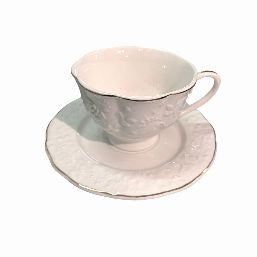 Set de 6 cesti si 6 farfurii , 250 ml, Luxury Collection , Alb - Margine Aurie