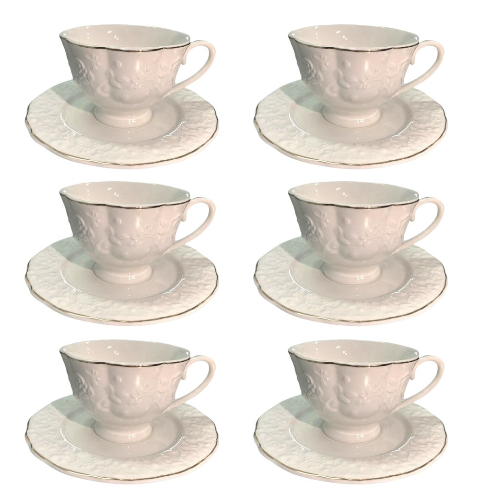 Set de 6 cesti si 6 farfurii , 250 ml, Luxury Collection , Alb - Margine Aurie