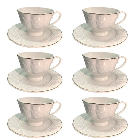 Set de 6 cesti si 6 farfurii , 250 ml, Luxury Collection , Alb - Margine Aurie
