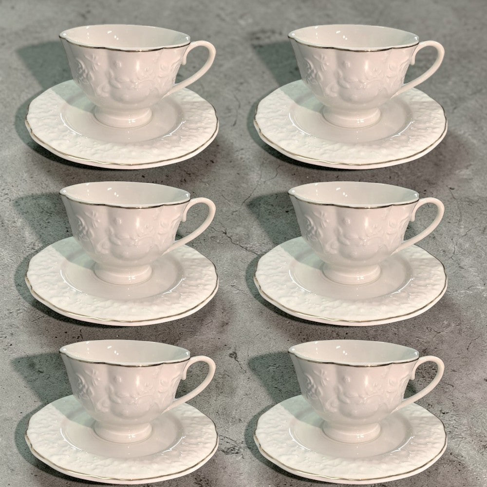 Set de 6 cesti si 6 farfurii , 250 ml, Luxury Collection , Alb - Margine Aurie