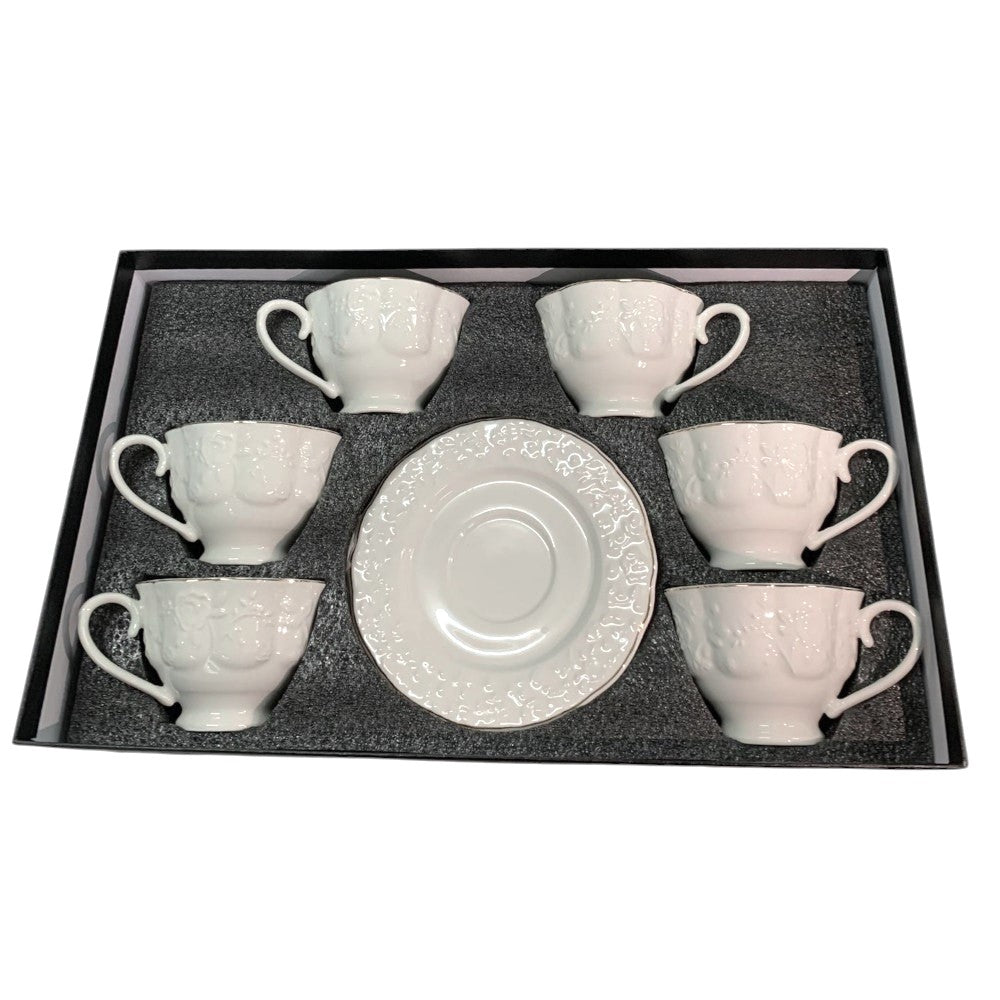 Set de 6 cesti si 6 farfurii , 250 ml, Luxury Collection , Alb - Margine Aurie