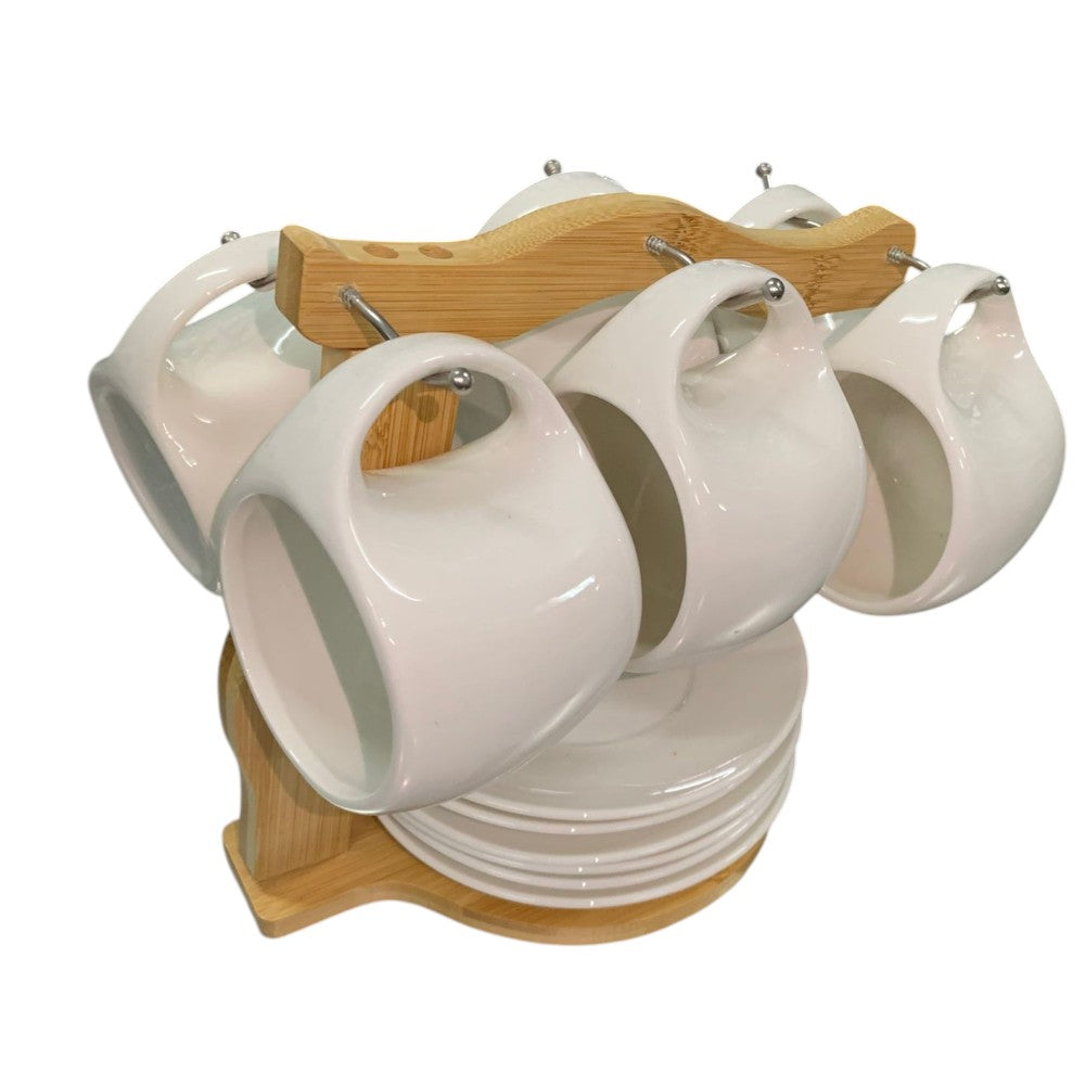 Set 6 Cesti 220/150 ml si 6 Farfurii portelan pe Suport de Bambus, Diverse Modele