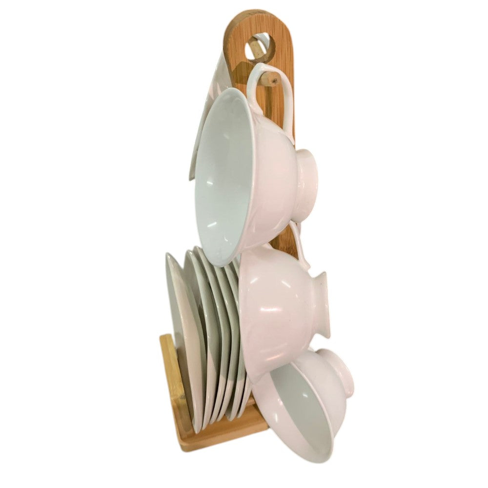 Set 6 Cesti 220/150 ml si 6 Farfurii portelan pe Suport de Bambus, Diverse Modele