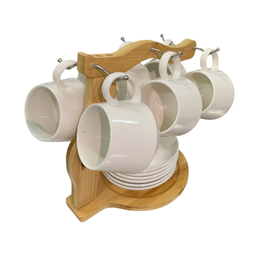 Set 6 Cesti 220/150 ml si 6 Farfurii portelan pe Suport de Bambus, Diverse Modele