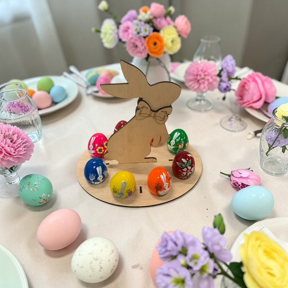 Suport de Paste, Iepuras din lemn pentru 8 oua, 26×25 CM