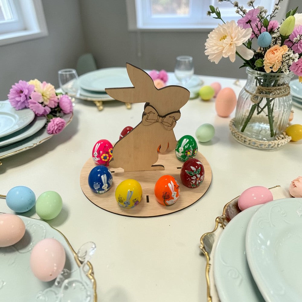 Suport de Paste, Iepuras din lemn pentru 8 oua, 26×25 CM