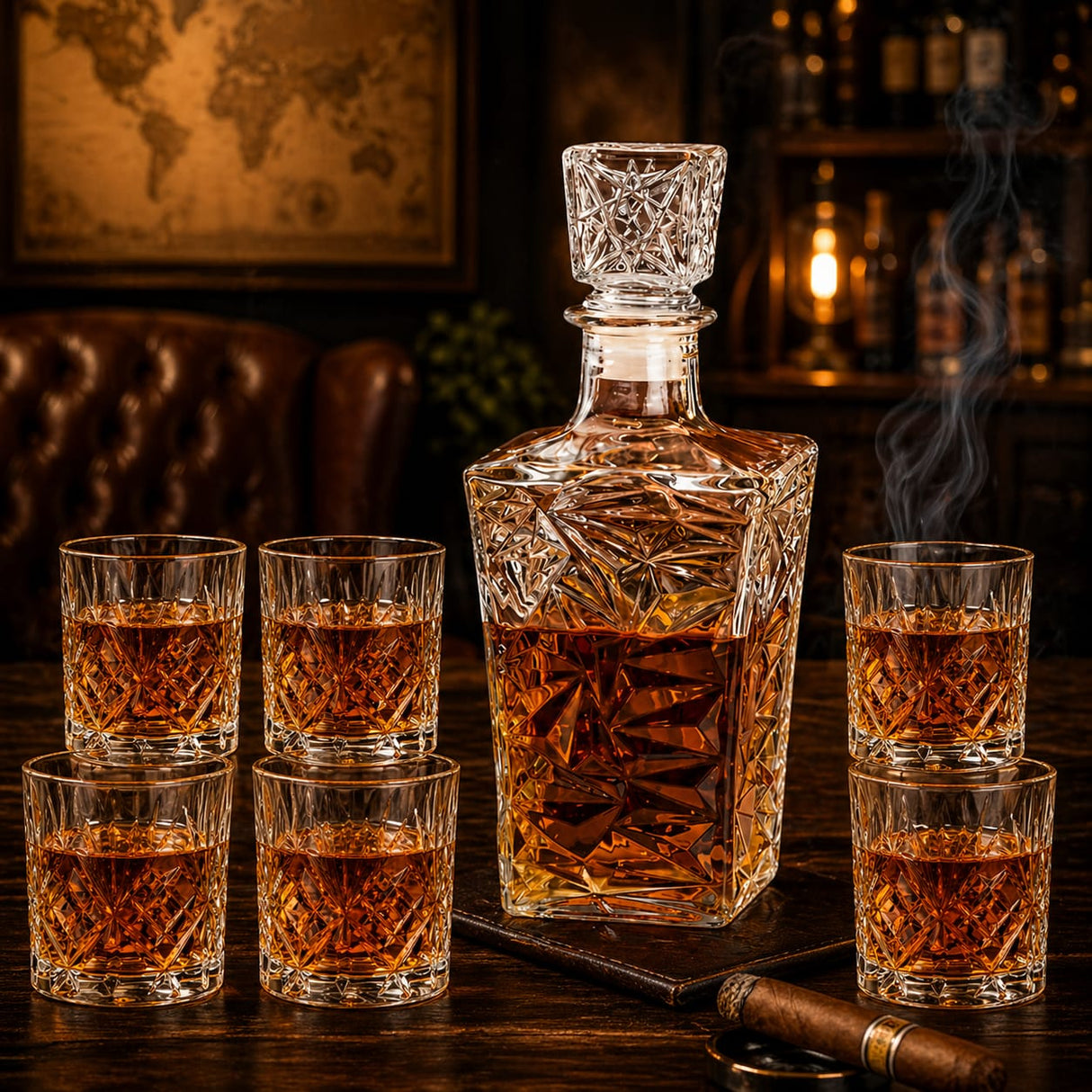 Set Decantor 1L + 6 pahare whiskey , sticla
