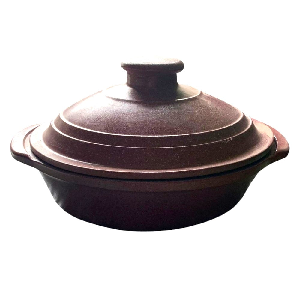 Oala din Lut Rosu, cu capac si manere, Rotunda, aspect Granit, 23x6 cm, 1 l