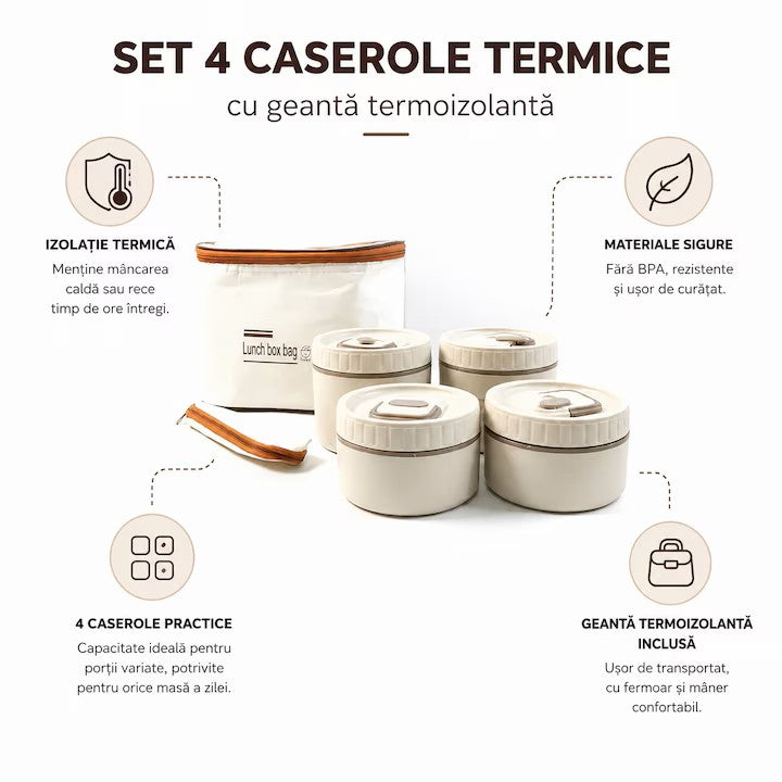 Set 4 caserole termice cu geantă termoizolanta -  interior metalic, capace etanse, lunch box