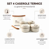 Set 4 caserole termice cu geantă termoizolanta -  interior metalic, capace etanse, lunch box