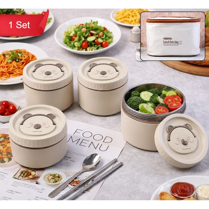 Set 4 caserole termice cu geantă termoizolanta -  interior metalic, capace etanse, lunch box