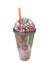 Pahar din plastic cu capac bombat si pai,transparent color, 450 ml
