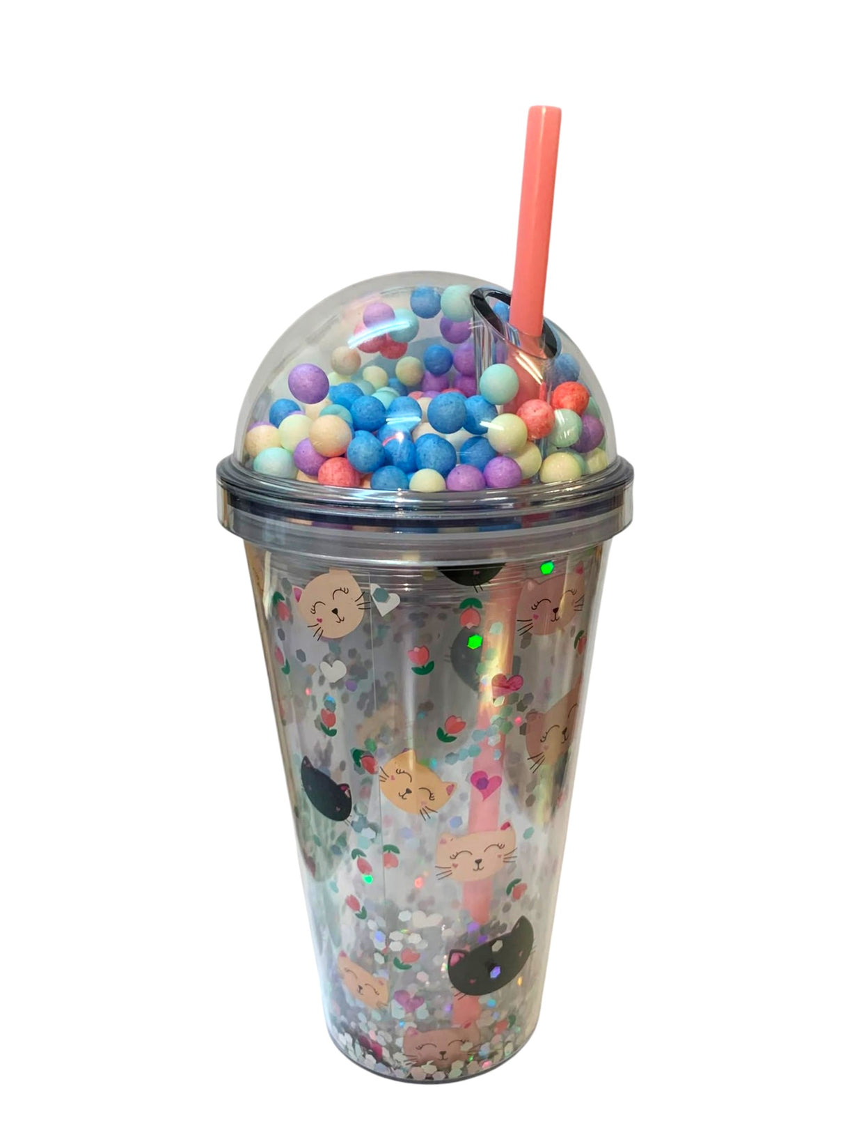 Pahar din plastic cu capac bombat si pai,transparent color, 450 ml