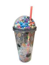 Pahar din plastic cu capac bombat si pai,transparent color, 450 ml