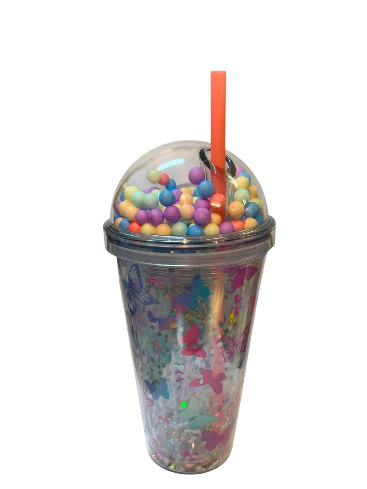 Pahar din plastic cu capac bombat si pai,transparent color, 450 ml