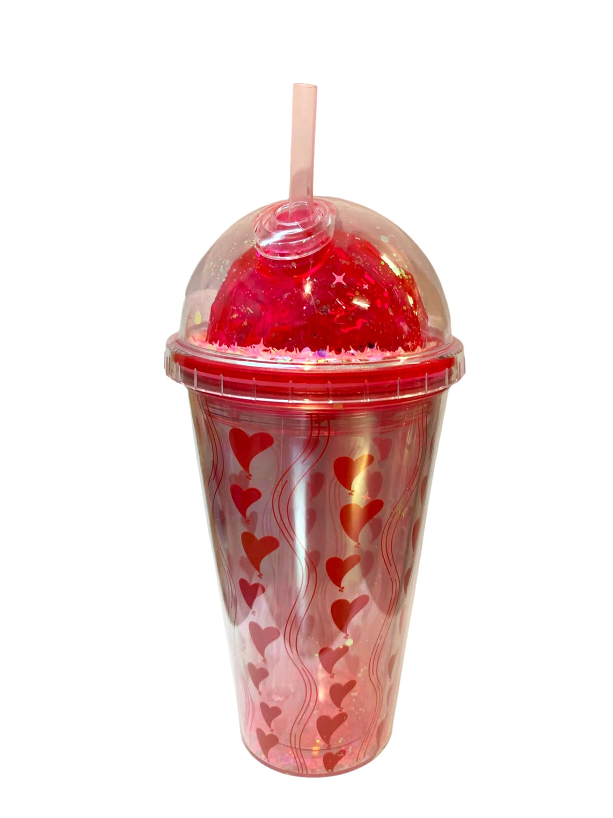 Pahar din plastic cu capac bombat si pai,transparent color, 450 ml