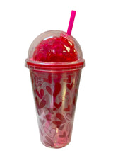 Pahar din plastic cu capac bombat si pai,transparent color, 450 ml