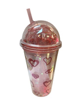 Pahar din plastic cu capac bombat si pai,transparent color, 450 ml