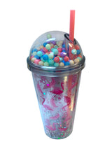 Pahar din plastic cu capac bombat si pai,transparent color, 450 ml