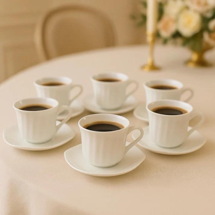 Set 6 cesti de cafea cu farfurioare din opal , Alb
