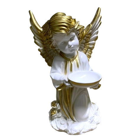 Decoratiune Ingeras, lucrata manual din ceramica cu suport de lumanare ,33 cm,Alb- Auriu