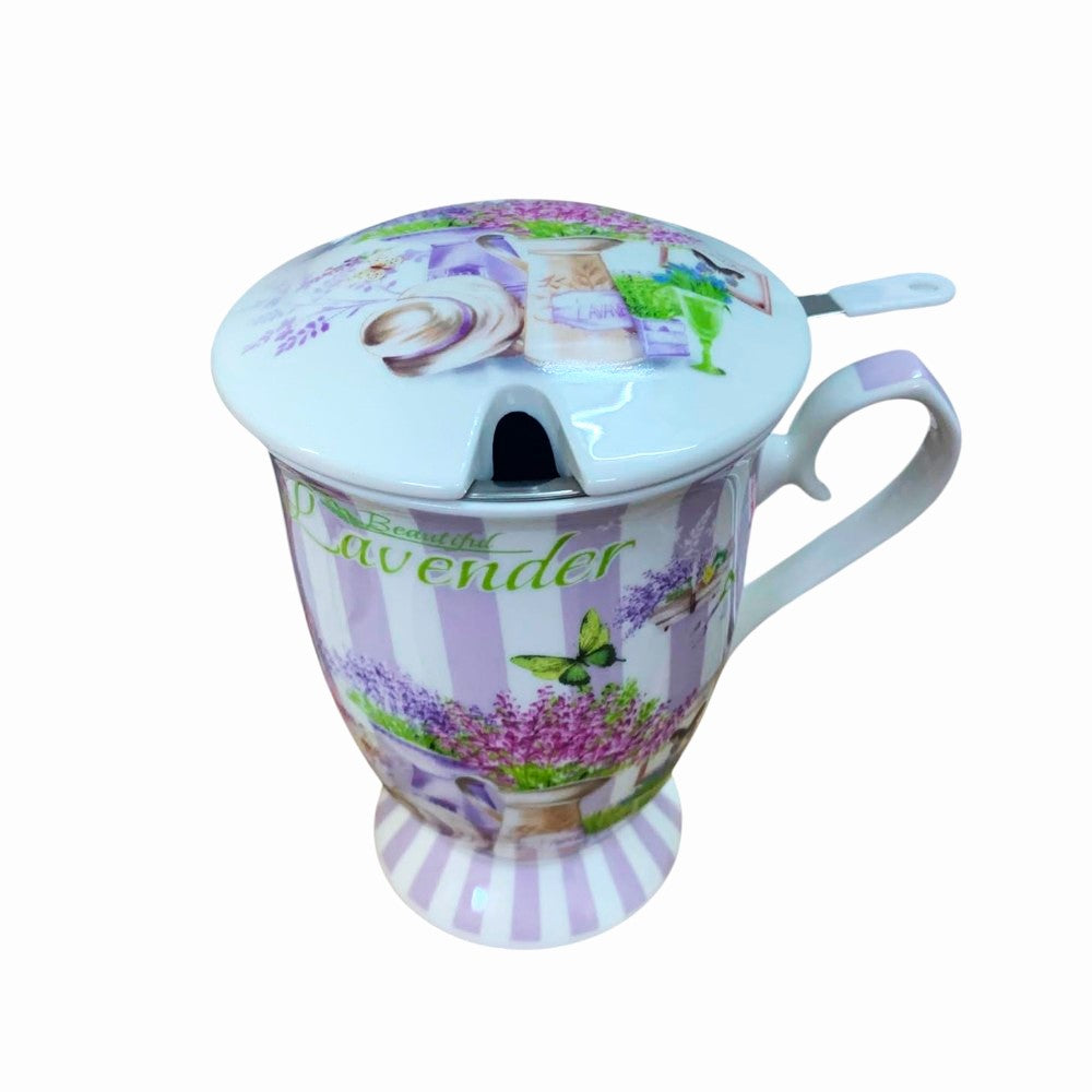 Cana din ceramica cu capac, lingurita si infuzor metalic , model Lavanda, 300 ml
