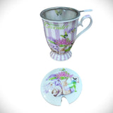 Cana din ceramica cu capac, lingurita si infuzor metalic , model Lavanda, 300 ml