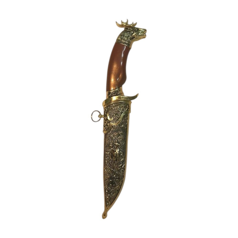 Pumnal Metalic Gravat  , cu Teaca si Cutie ,Auriu, 201 g, 27cm