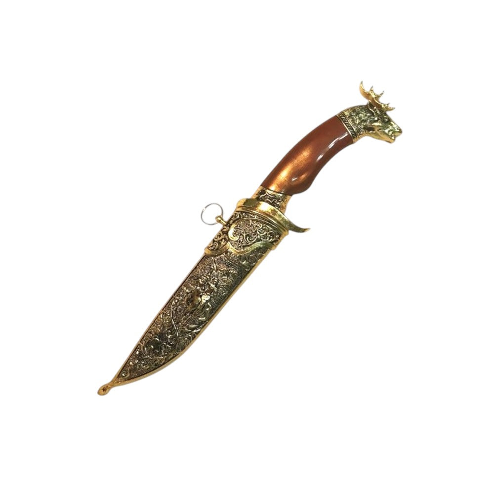 Pumnal Metalic Gravat  , cu Teaca si Cutie ,Auriu, 201 g, 27cm