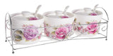Set 3 Recipiente Condimente, 3 Lingurite Ceramica, Alb, Model Bujori Mari