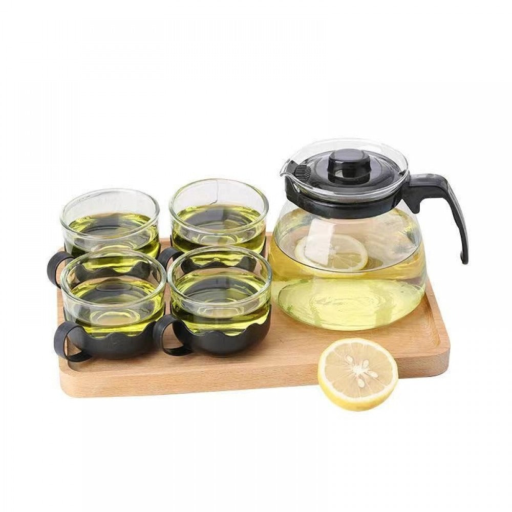 Set Ceainic cu Infuzor 1L si 4 Cesti 150 ml, Sticla/Otel inoxidabil, Transparent/Negru