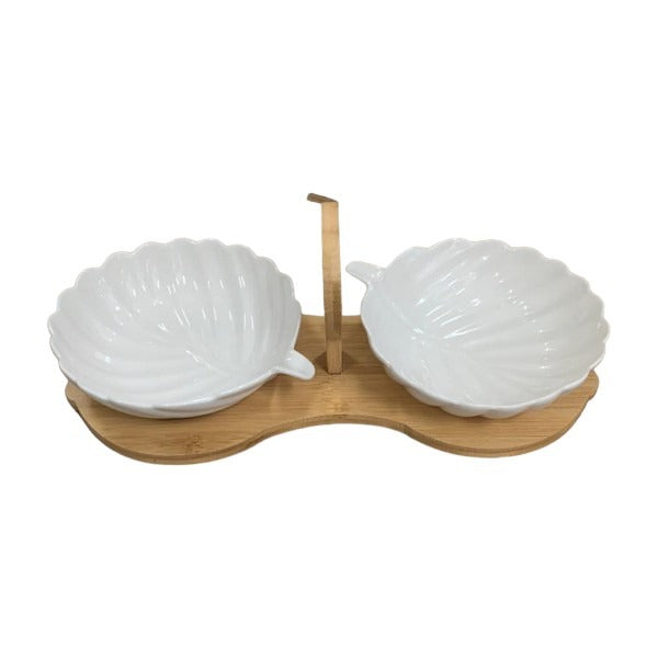 Set 2 Boluri Albe Ceramice, pe Suport Bambus 33x10 cm