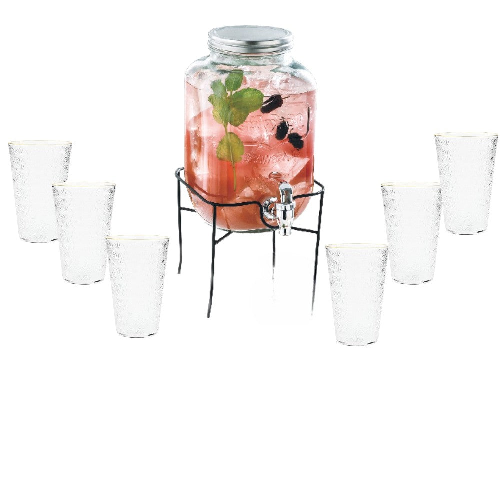 Borcan Dozator Bauturi cu Robinet, Capac si Suport metalic, Dispenser Limonda si Sucuri, Sticla Transparenta, 4L+ 6 pahare Transparente 400 ml