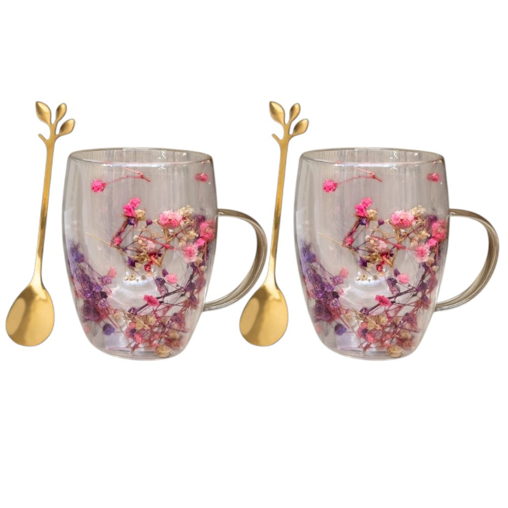 Set 2 Cani cu Pereti Dubli din sticla termorezistenta , Flori Multicolore 350 ml si 2 Lingurite Aurii