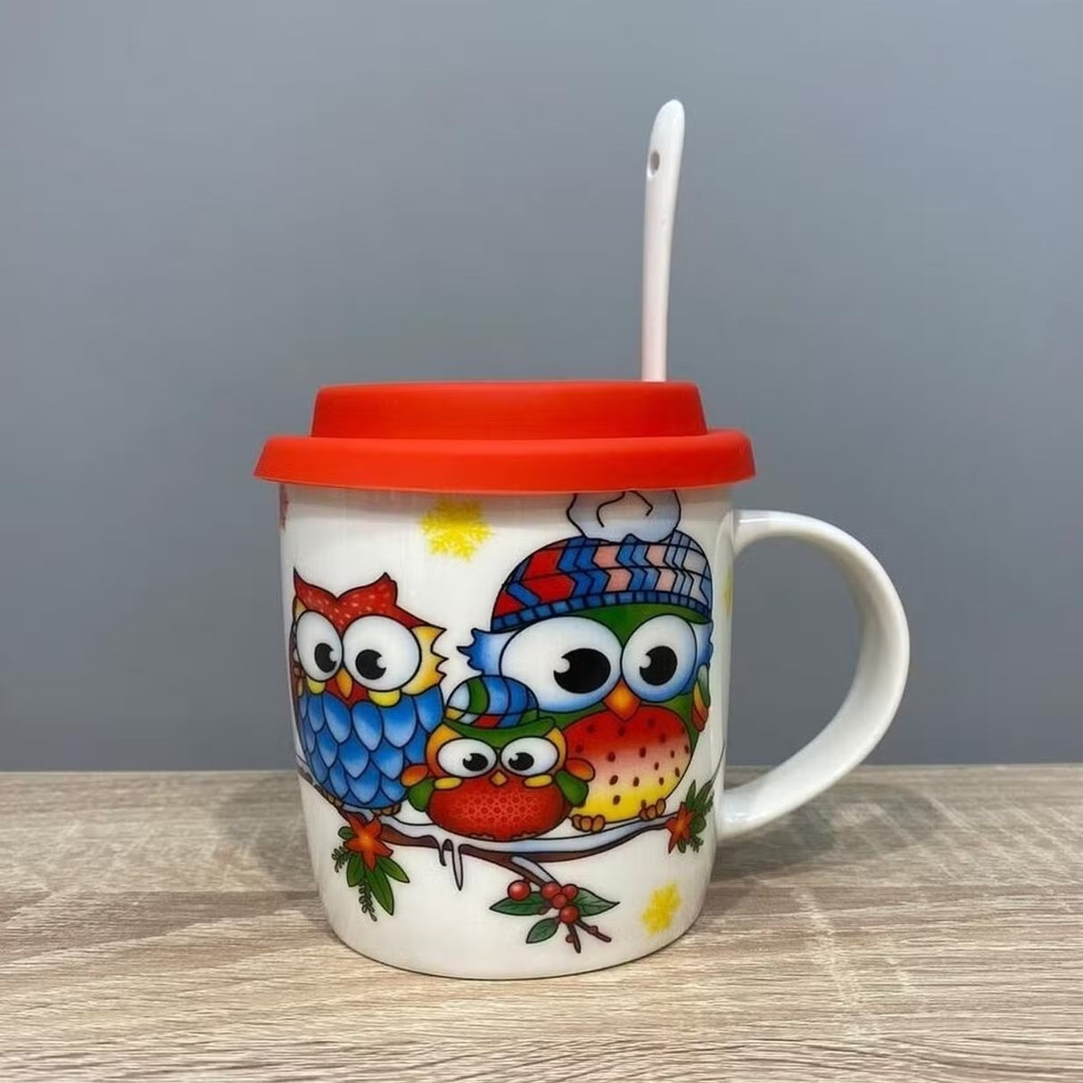 Cana ceramica model Bufnita cu capac silicon si lingurita ,370 ml