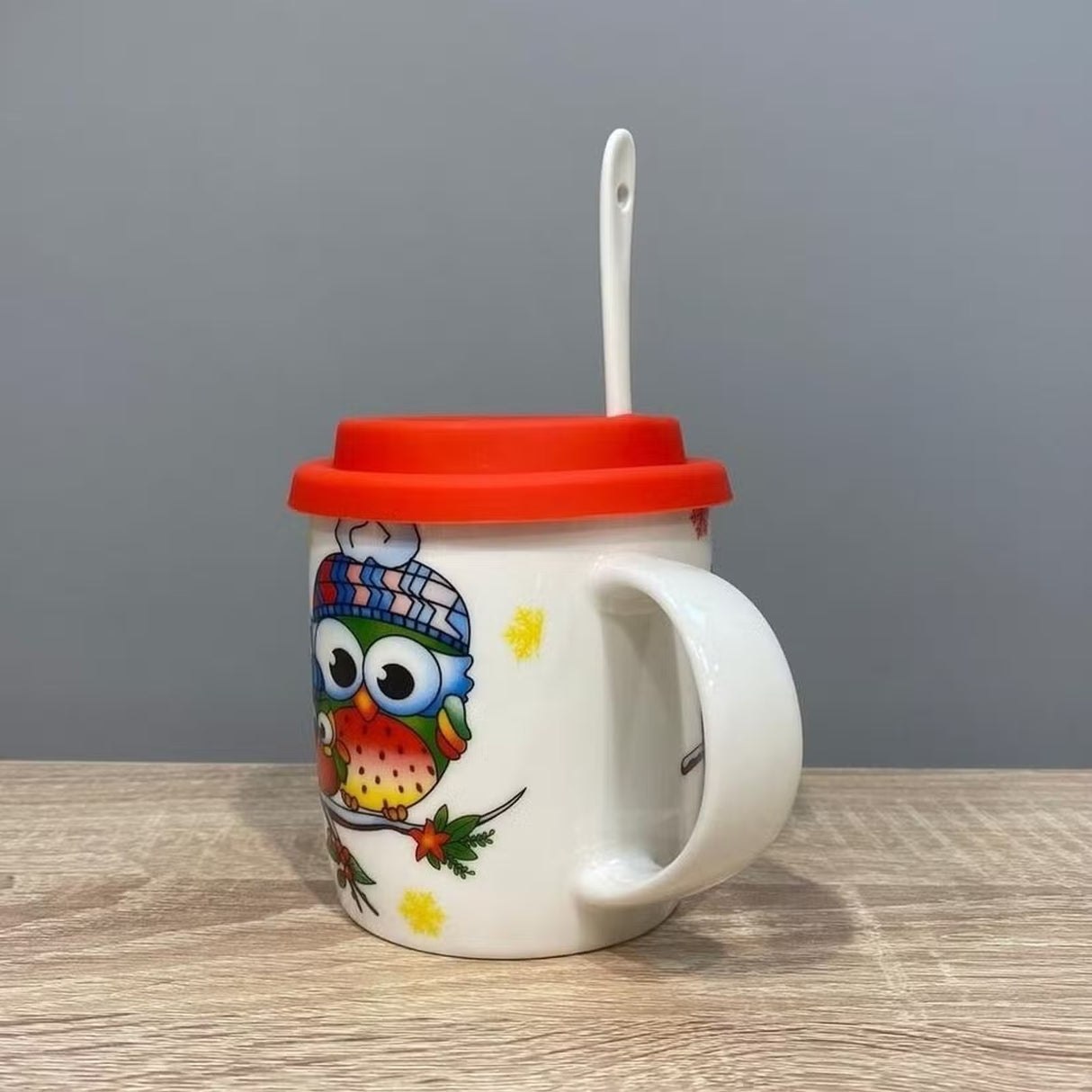 Cana ceramica model Bufnita cu capac silicon si lingurita ,370 ml