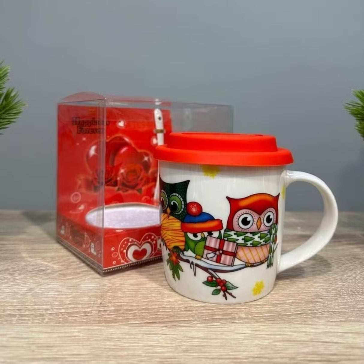 Cana ceramica model Bufnita cu capac silicon si lingurita ,370 ml