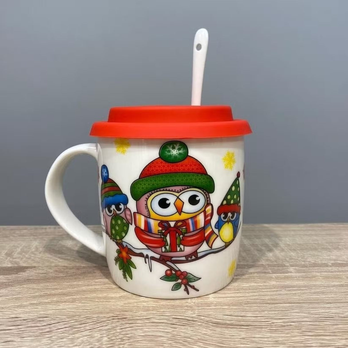 Cana ceramica model Bufnita cu capac silicon si lingurita ,370 ml