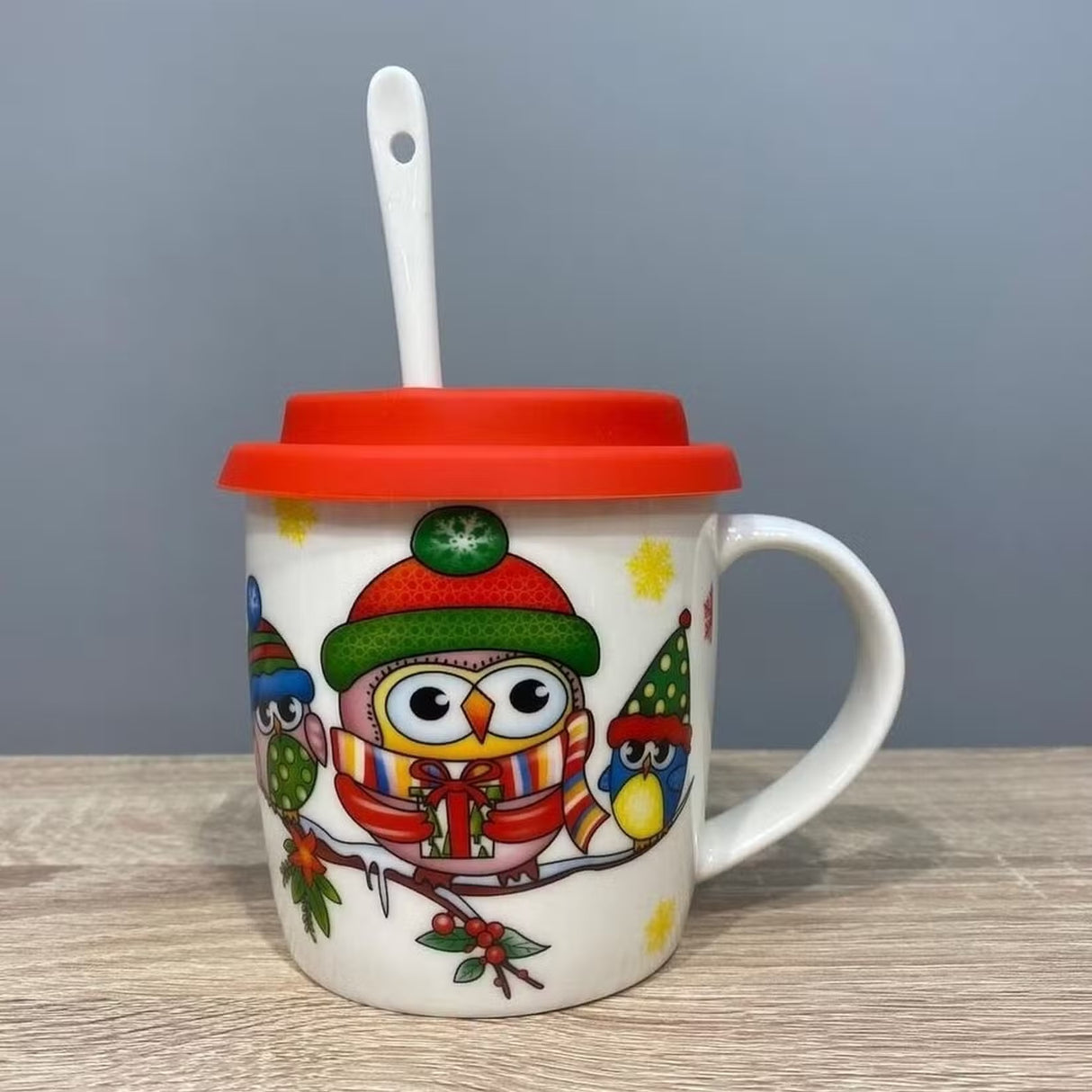 Cana ceramica model Bufnita cu capac silicon si lingurita ,370 ml