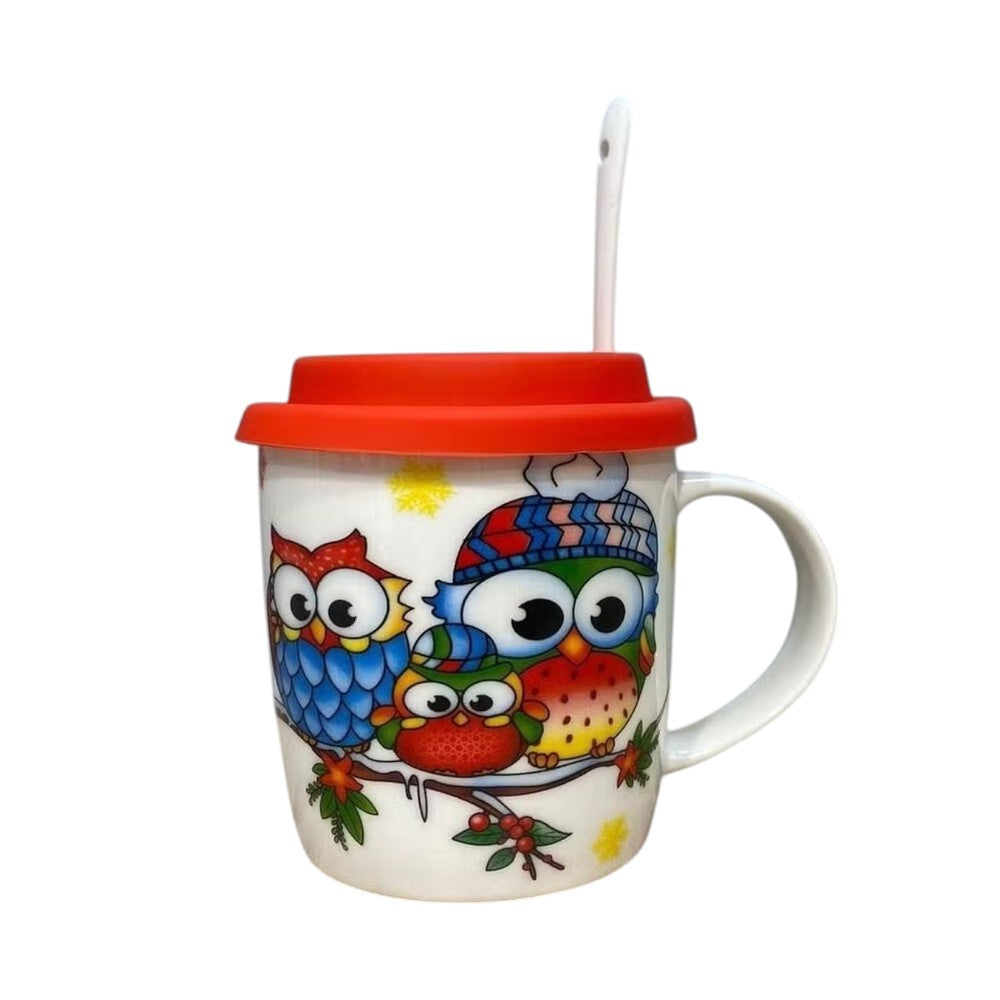 Cana ceramica model Bufnita cu capac silicon si lingurita ,370 ml