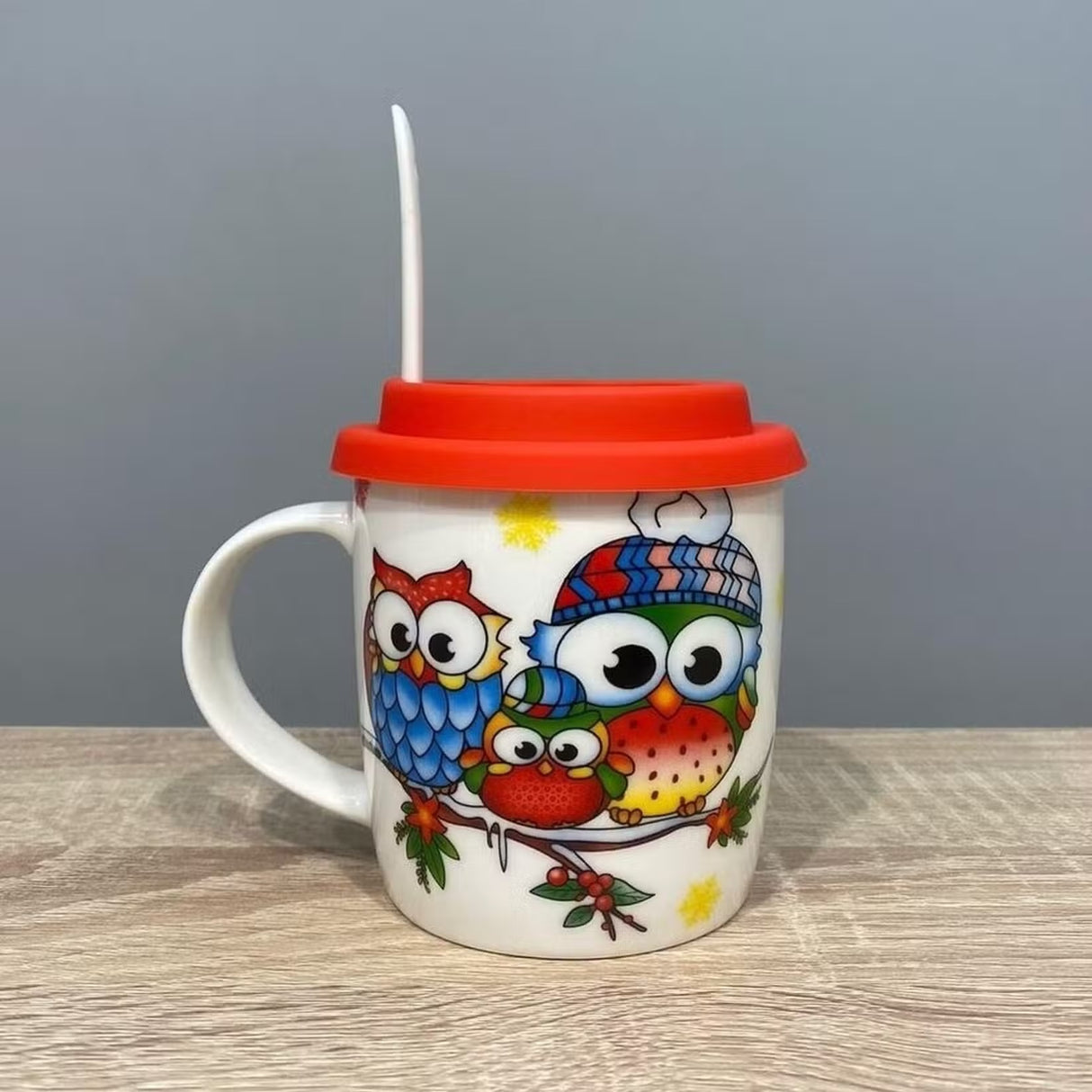 Cana ceramica model Bufnita cu capac silicon si lingurita ,370 ml