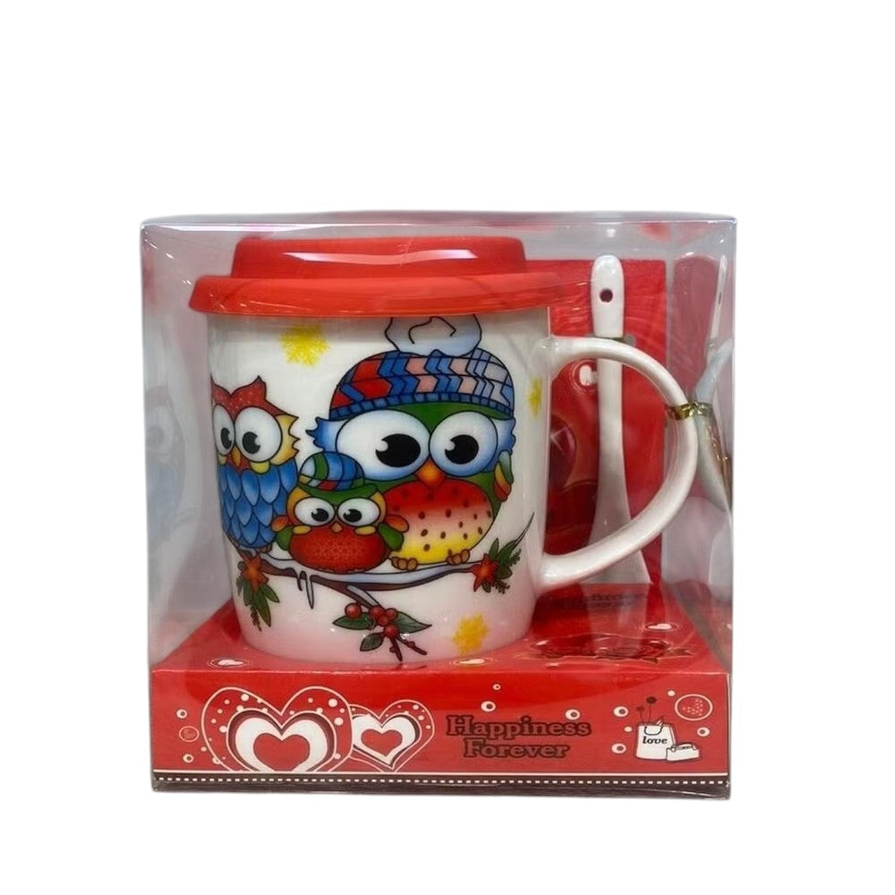 Cana ceramica model Bufnita cu capac silicon si lingurita ,370 ml