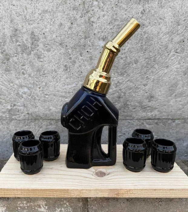 Set Bauturi, Model Pistol de Alimentare cu Duza Peco 650 ml, 6 pahare 50 ml, Ceramica
