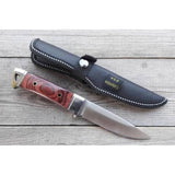 Cutit din Otel Inoxidabil , Maner din Lemn de Trandafir Rosu, cu Teaca Portabila, 19 cm, Lama 9.5 cm