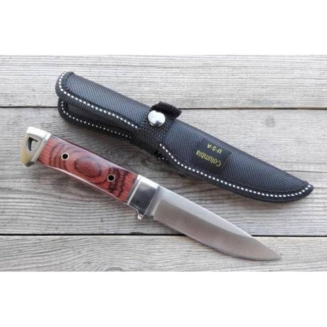 Cutit din Otel Inoxidabil , Maner din Lemn de Trandafir Rosu, cu Teaca Portabila, 19 cm, Lama 9.5 cm