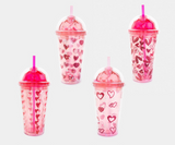 Pahar din plastic cu capac bombat si pai, color, 450 ml