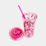 Pahar din plastic cu capac bombat si pai, color, 450 ml