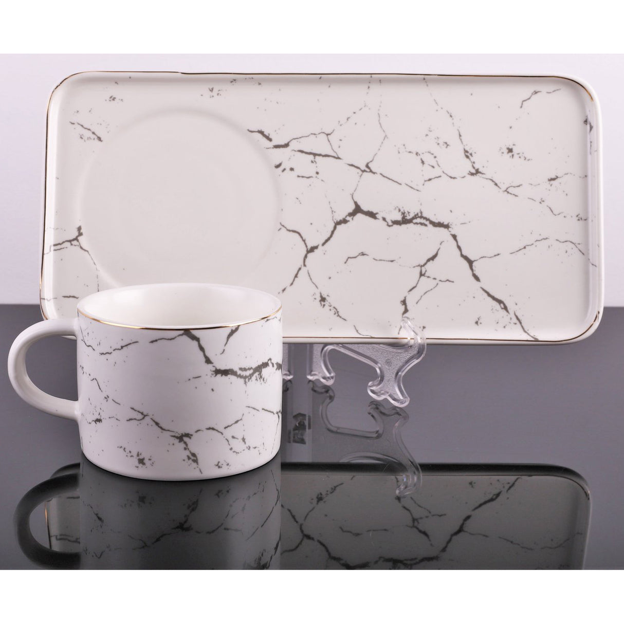 Set 2 cesti Cafea sau Ceai cu farfurioare incluse, Ceramica fina, Model Marmura Alba